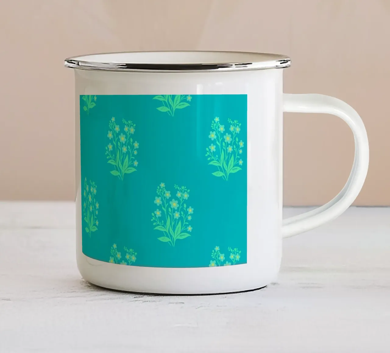 Forget-Me-Nots Block Print Mint Green enamel mug by SilverPegasus