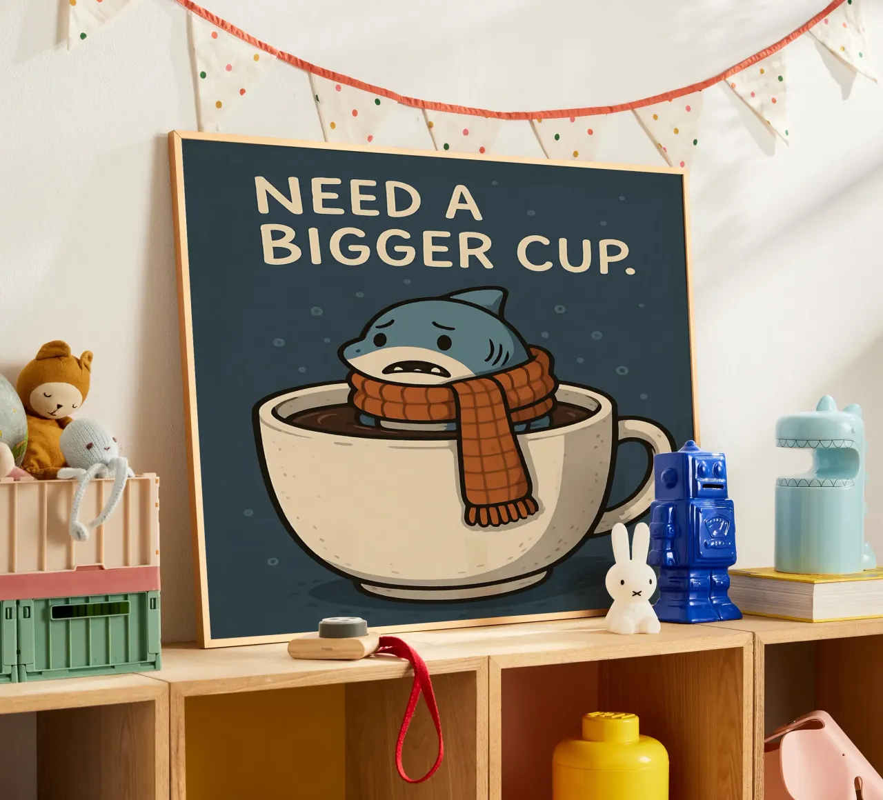 Meme divertente sullo squalo poster con telaio in legno da Funny Humor Art