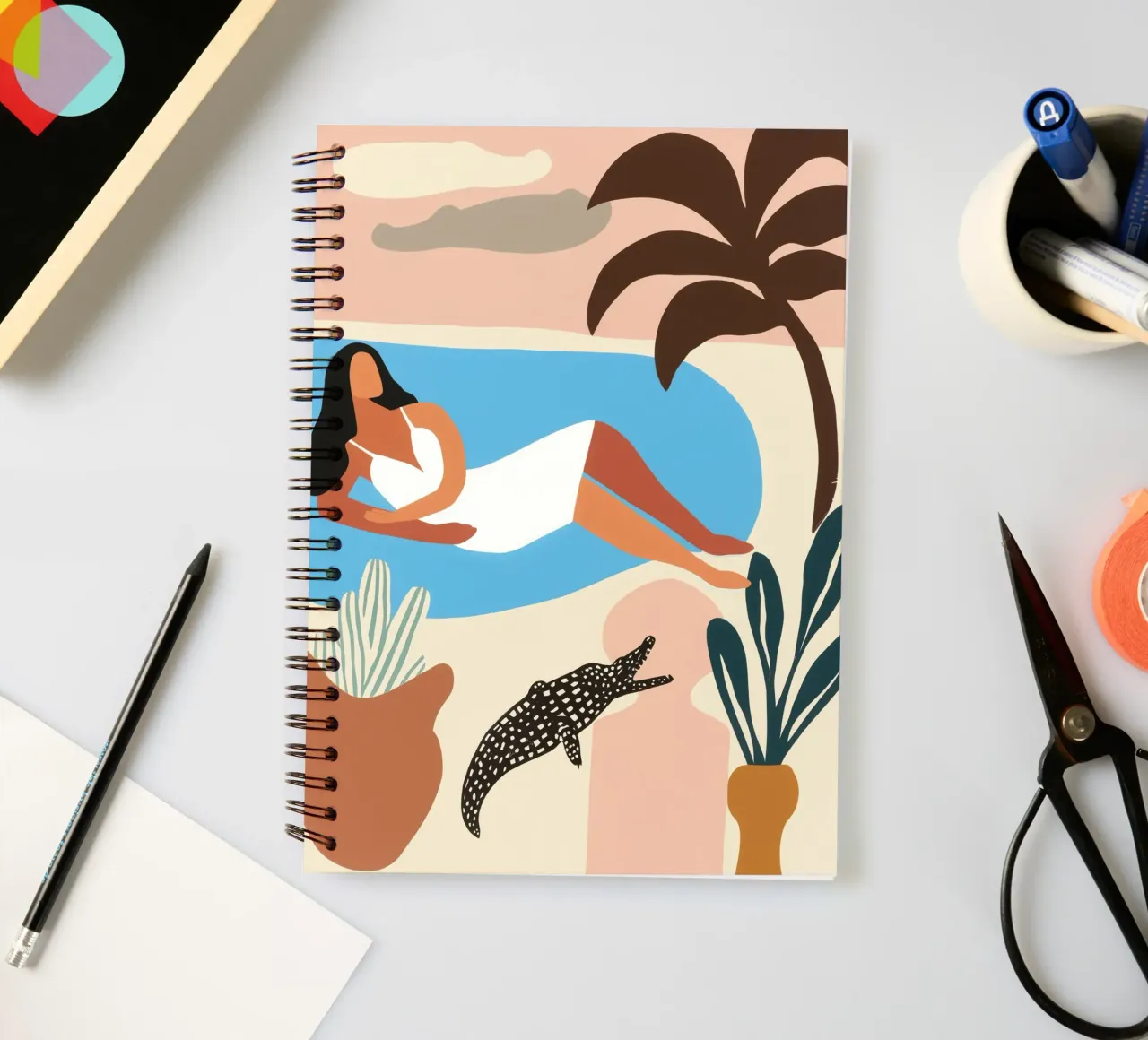 A relaxing afternoon by the pool | Naive painting spiral notebook by Autofocus