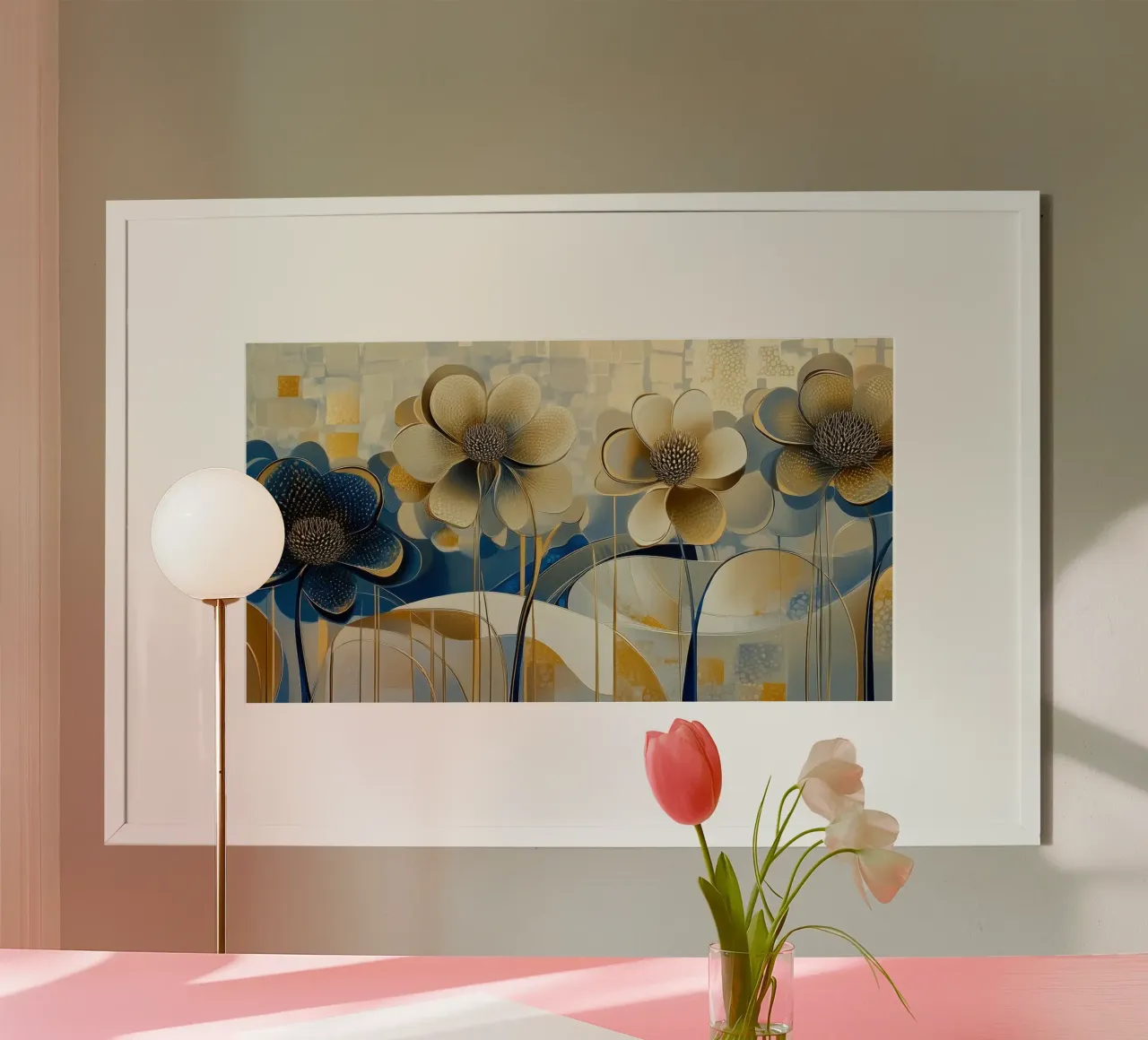 Fiori crema e blu poster con telaio in legno da Imagine