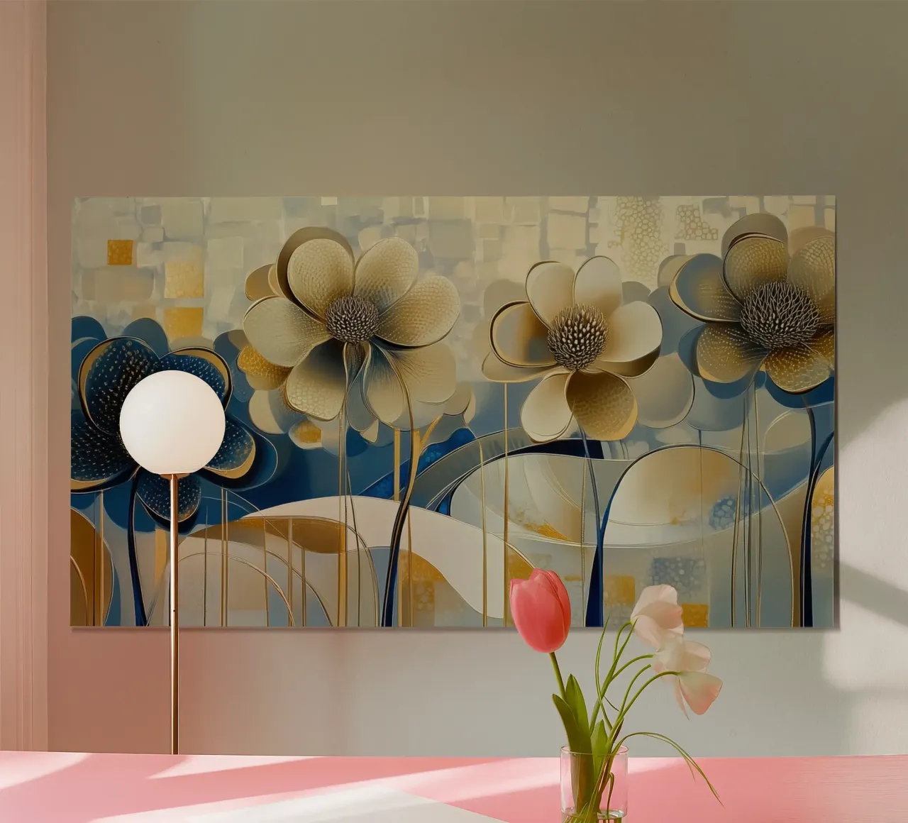 Fiori crema e blu poster con telaio in legno da Imagine