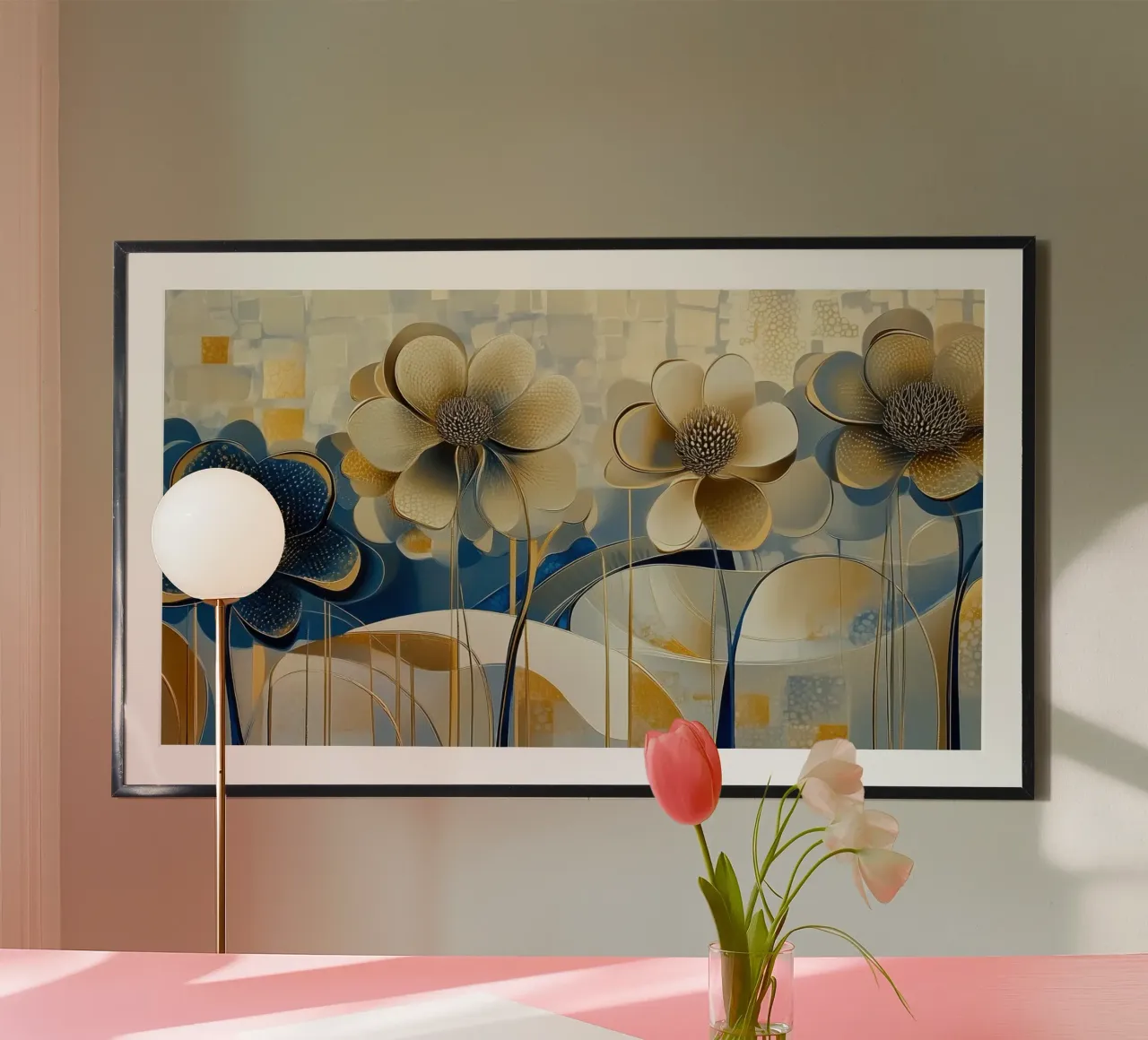 Fiori crema e blu poster con telaio in legno da Imagine