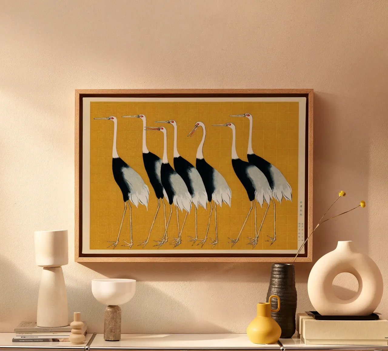 Japanese Print Art | Red-crowned Cranes Print canvas with Floater frame by NorwesClub