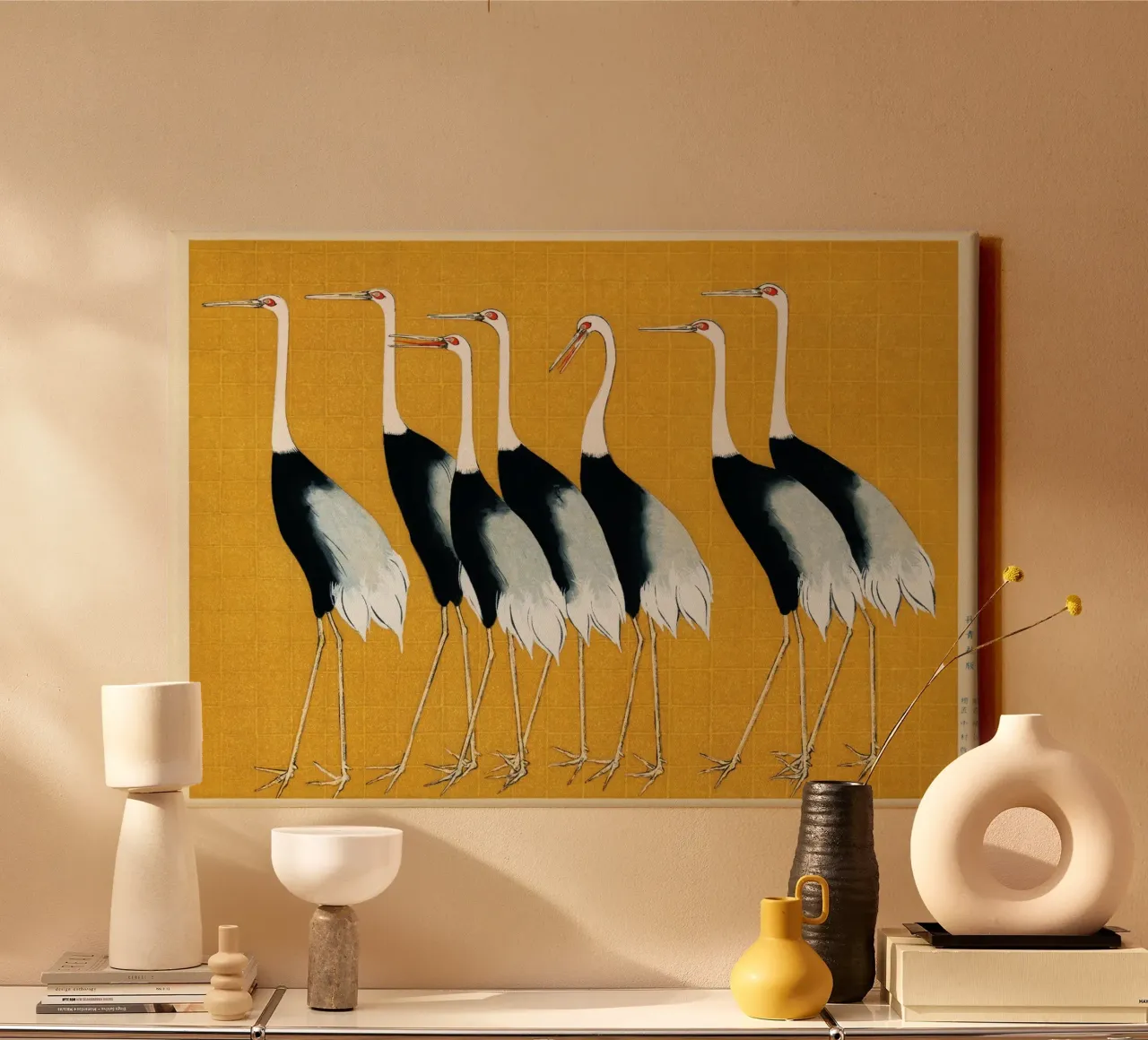 Japanese Print Art | Red-crowned Cranes Print canvas with Floater frame by NorwesClub