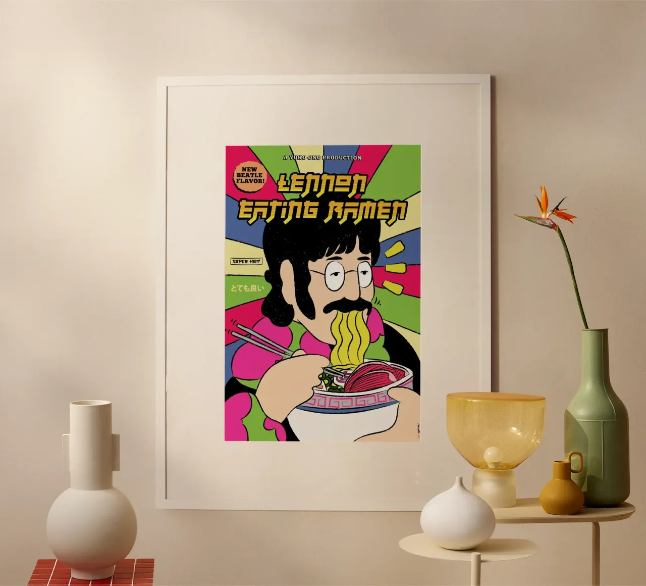 Lennon Eating Ramen poster con telaio in alluminio da Rafa Gomes