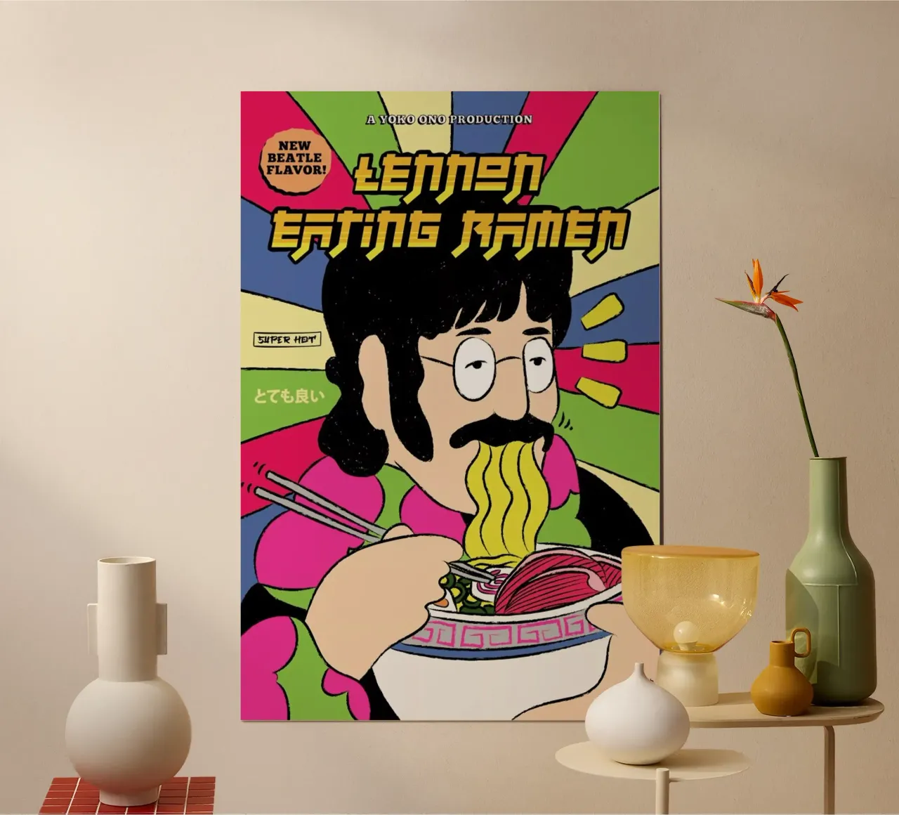 Lennon Eating Ramen poster con telaio in alluminio da Rafa Gomes