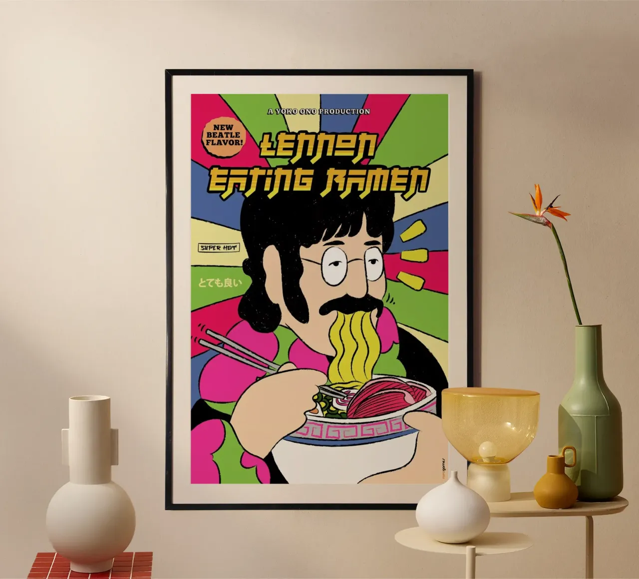 Lennon Eating Ramen poster con telaio in alluminio da Rafa Gomes