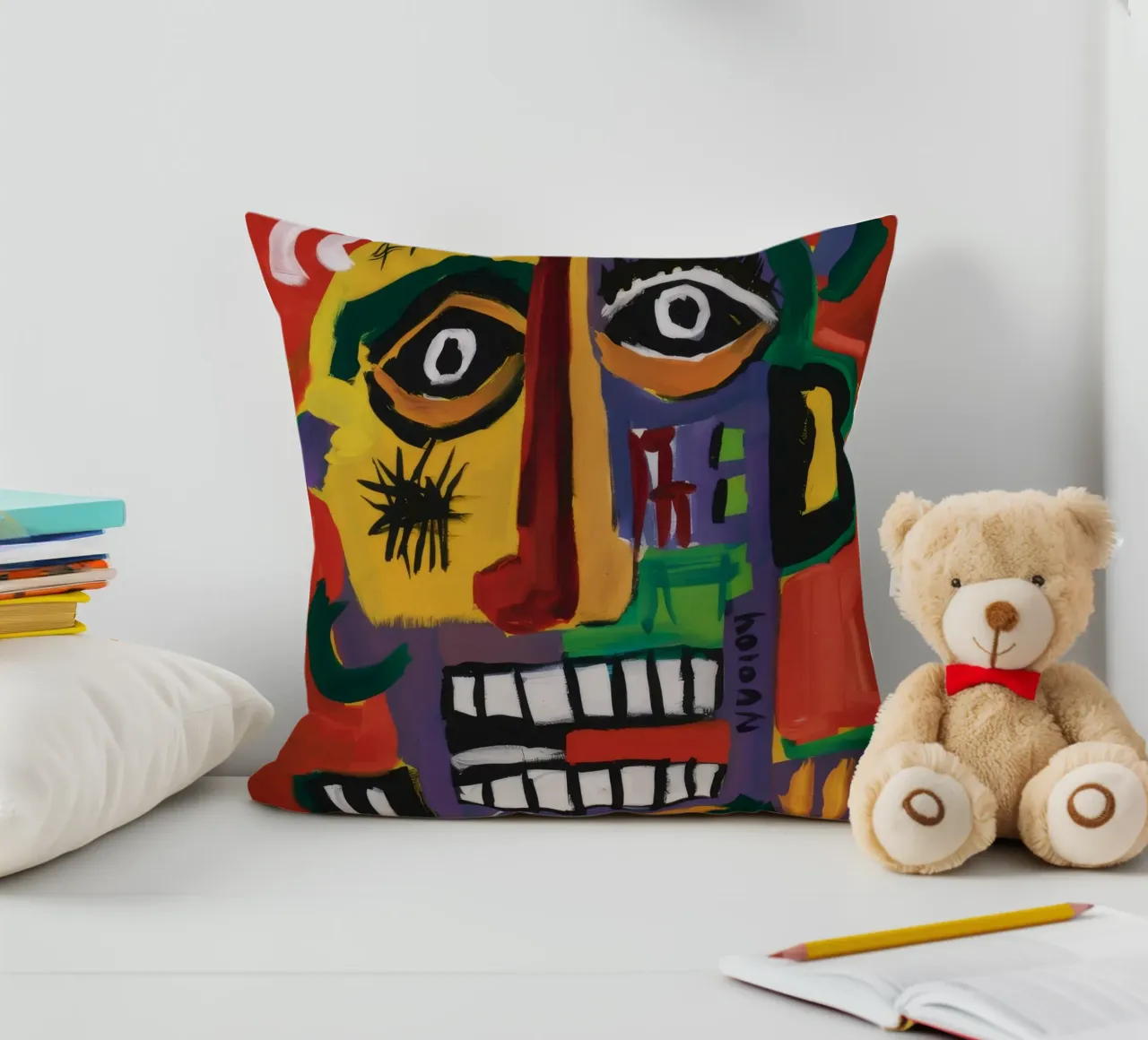 Abstract Mask Faces decorative cushion by Muse Fragments