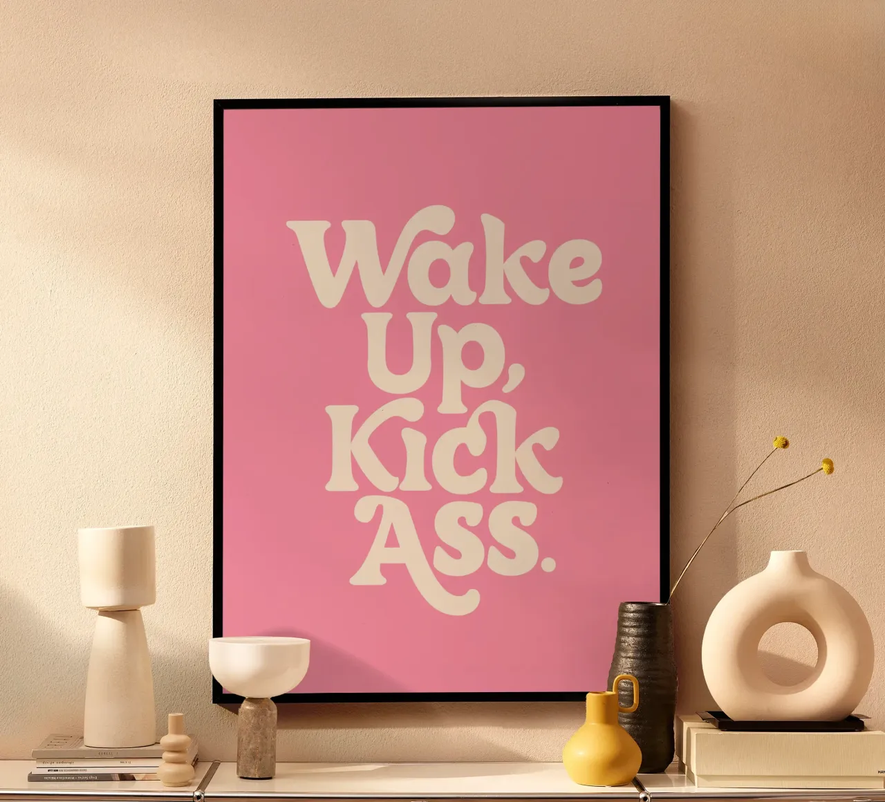 Wake Up Kick Ass Motivational Typography Print in Pink White hahnemühle by THE MOTIVATED TYPE
