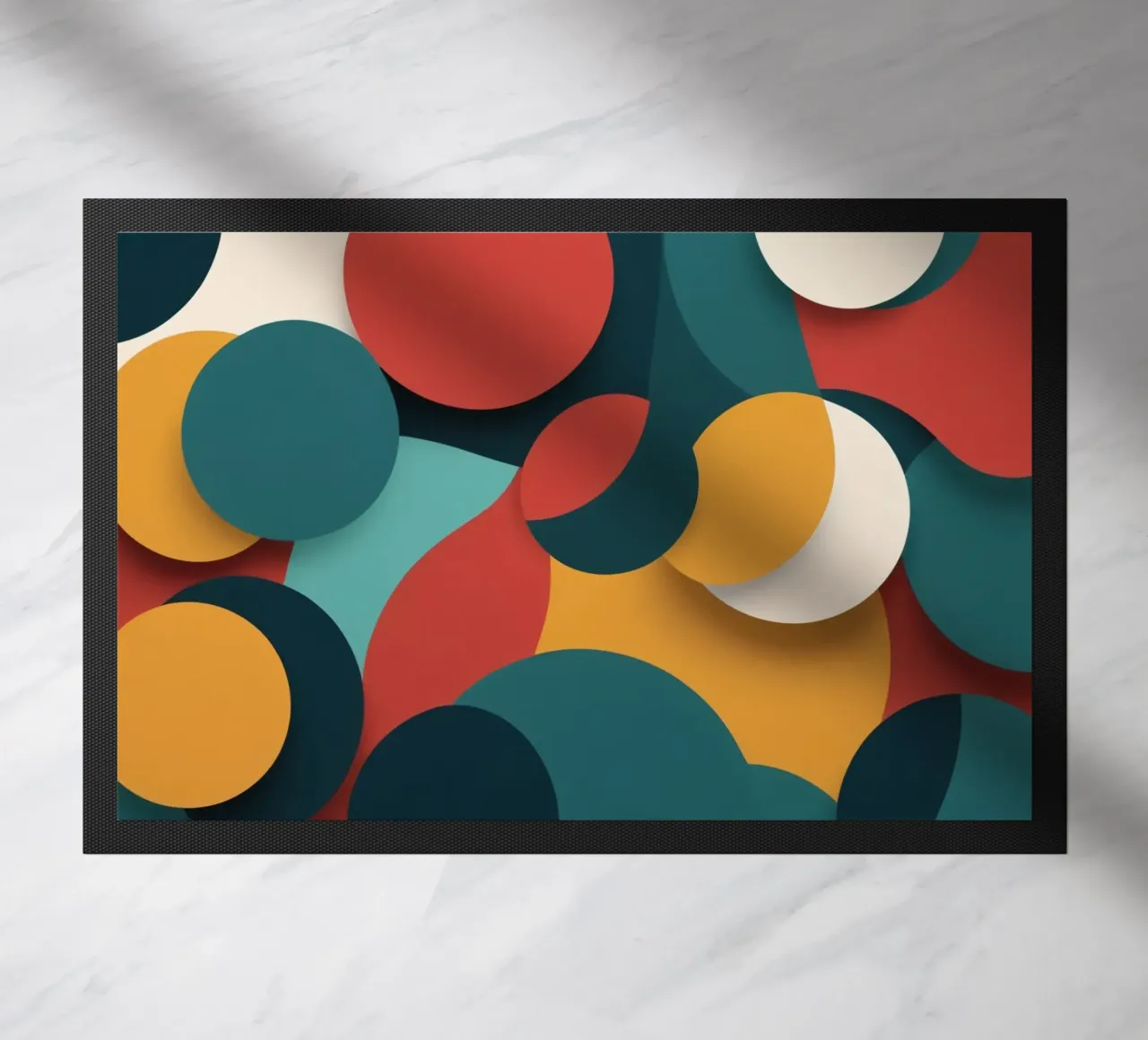 Dynamic abstract composition featuring colorful circles doormat by DesignDoodle