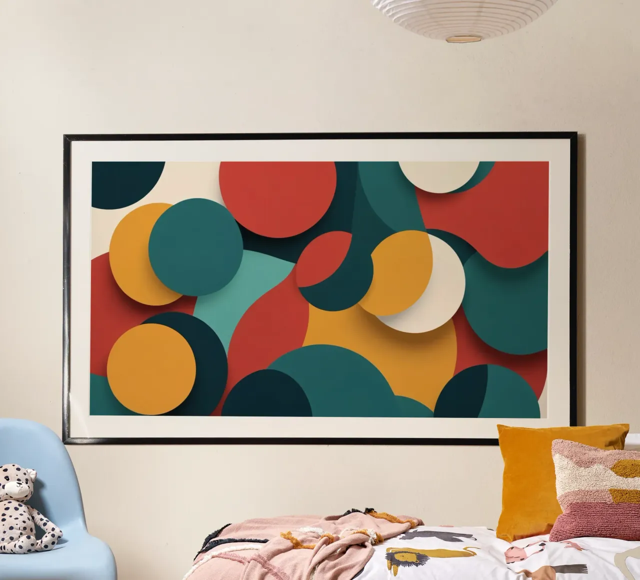 Dynamische abstrakte Komposition mit bunten Kreisen Hahnemühle von DesignDoodle
