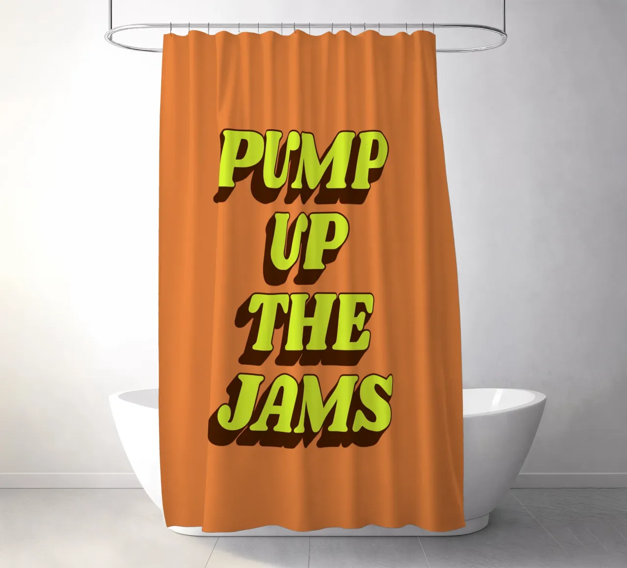 Pump Up the Jams Retro Typography Print in Orange and Yellow shower curtain by THE MOTIVATED TYPE