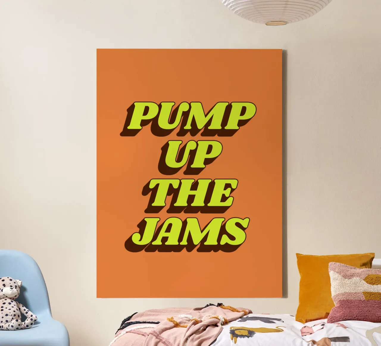 Pump Up the Jams Retro Typography Print in Orange and Yellow canvas by THE MOTIVATED TYPE