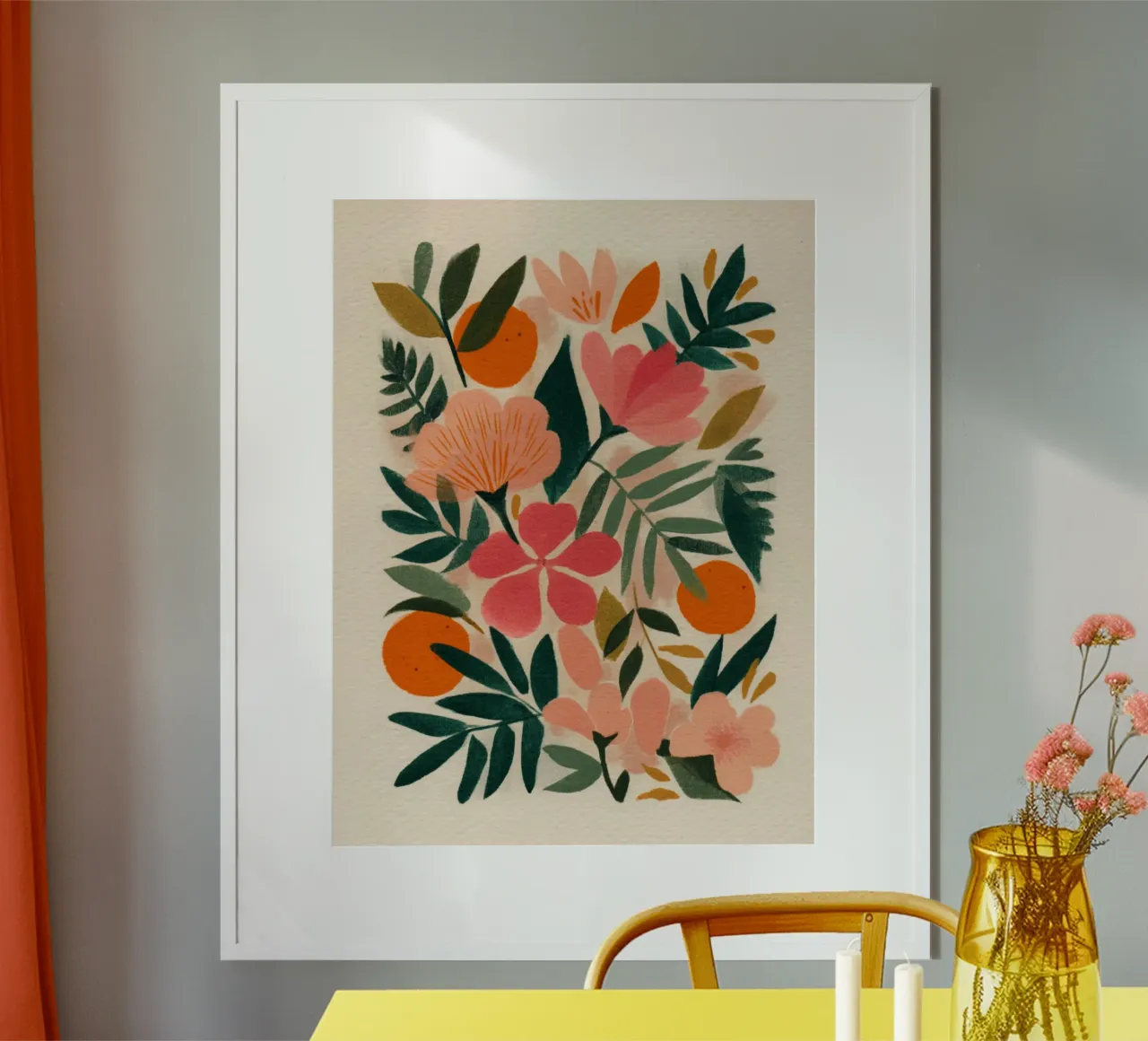 Botanical Abstract Pink, Orange and Green poster con telaio in legno da Gypsy Galleria