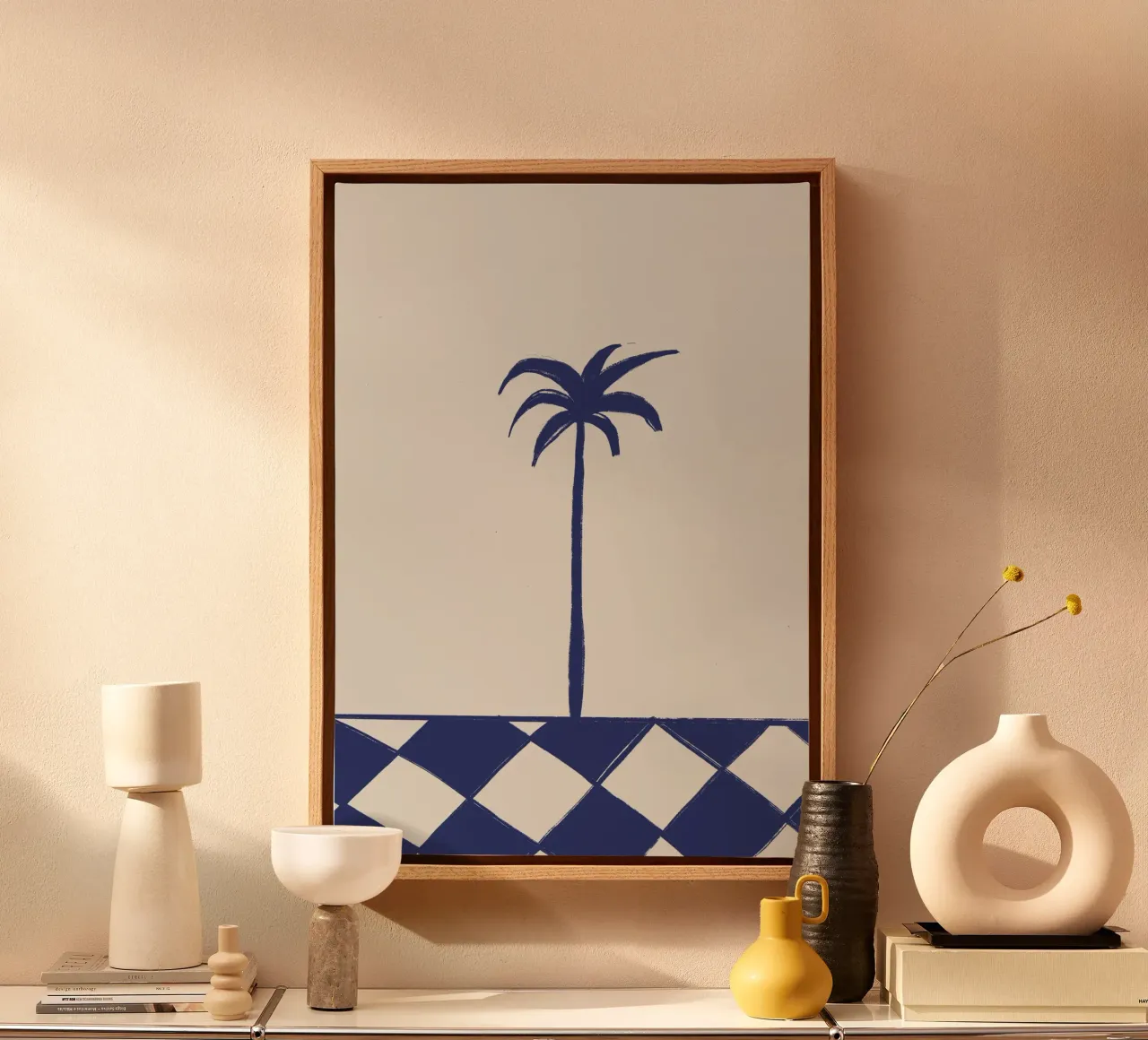 Palmboom en dambord canvas met Baklijst van Sixmai