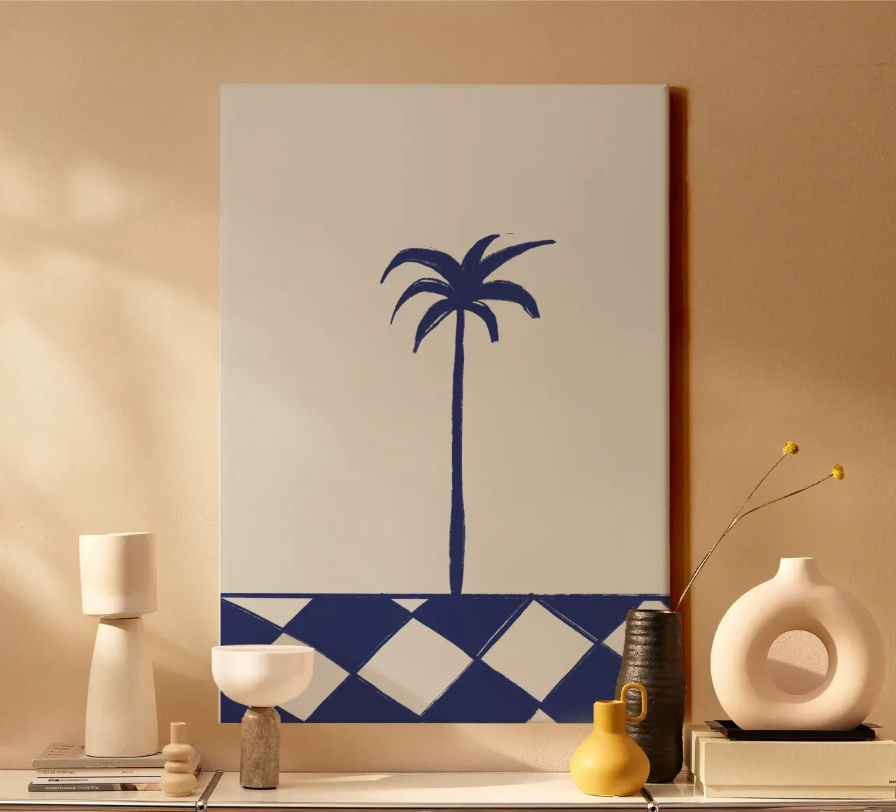 Palmboom en dambord canvas met Baklijst van Sixmai