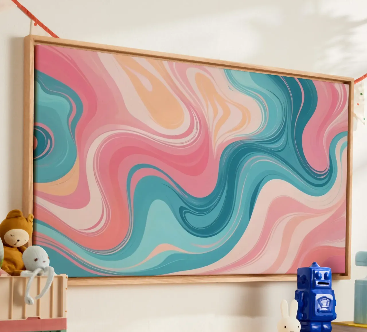 Kleurrijke abstracte wervelingen van roze en blauw canvas met Baklijst van DesignDoodle