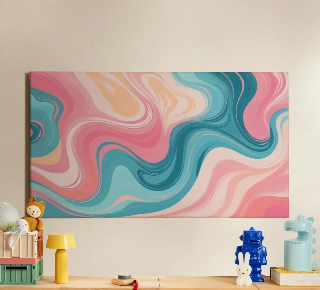 Kleurrijke abstracte wervelingen van roze en blauw canvas met Baklijst van DesignDoodle