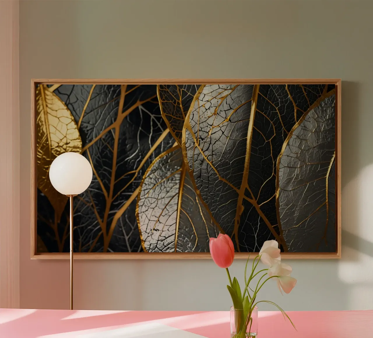 Golden veins of black leaves creating a striking contrast canvas with Floater frame by DesignDoodle
