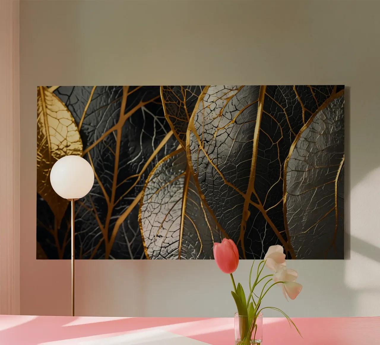 Golden veins of black leaves creating a striking contrast canvas with Floater frame by DesignDoodle