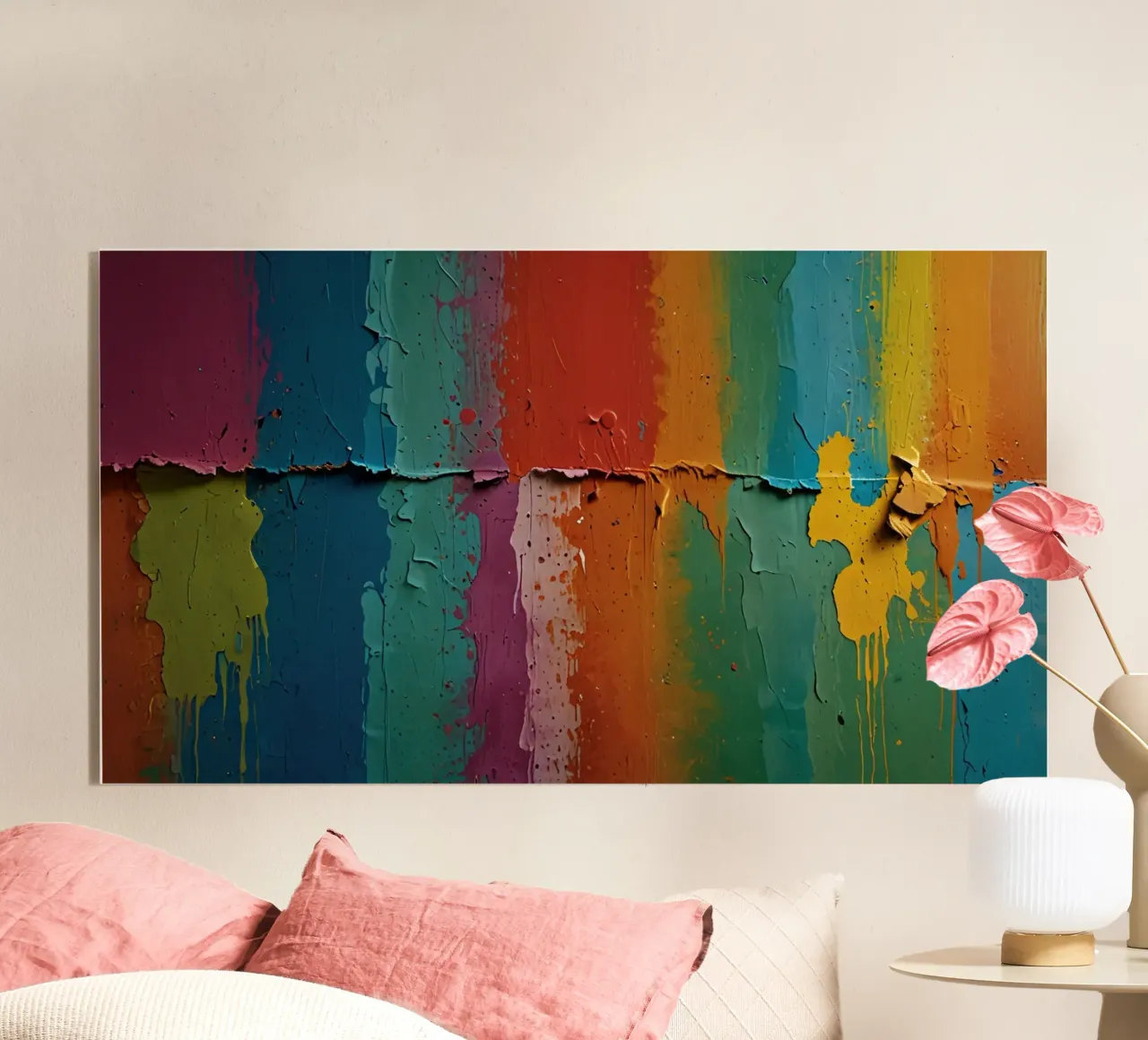 Levendige abstracte muurkunst met een spectrum aan kleuren acryl van DesignDoodle