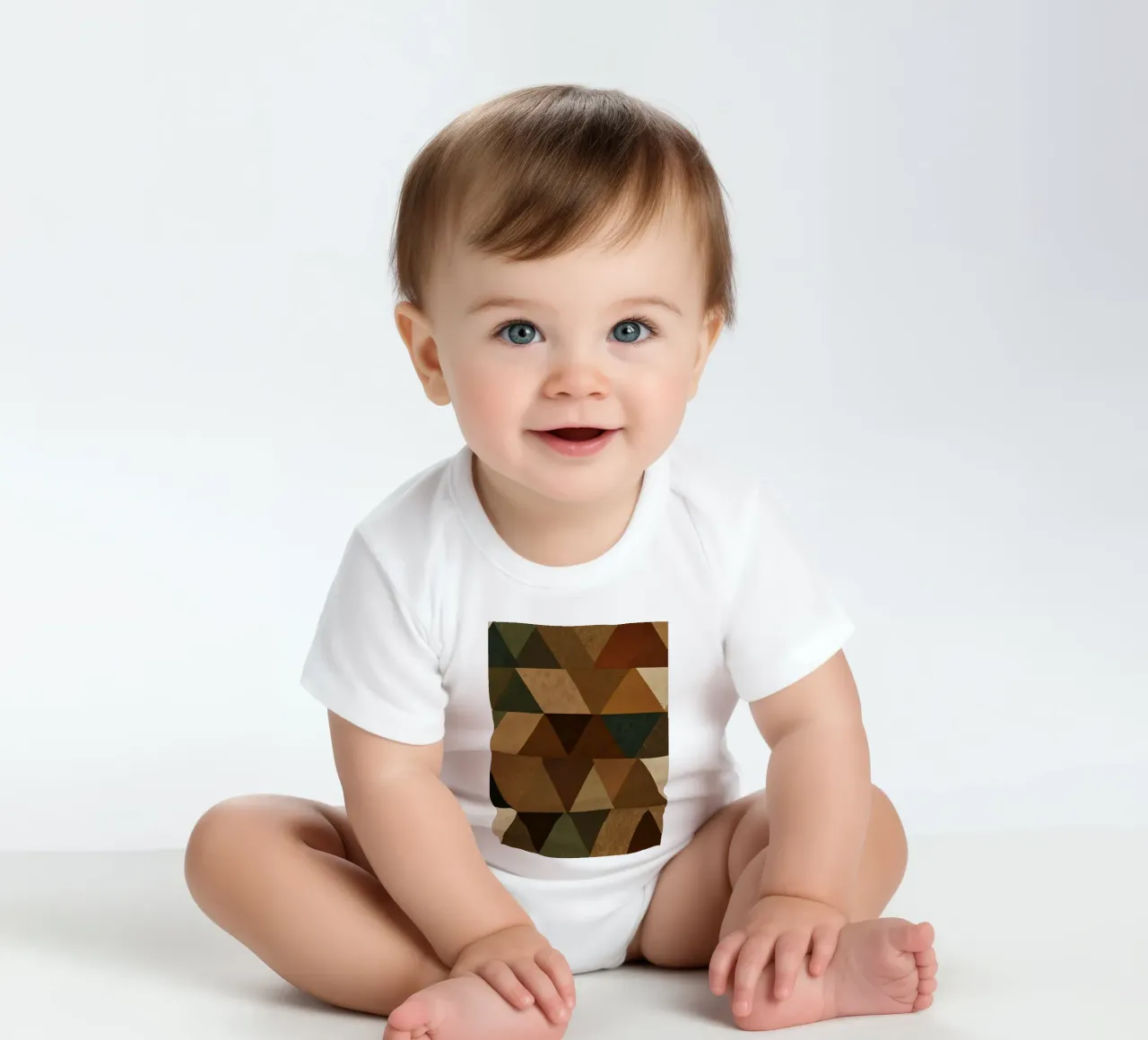 A geometric pattern of triangles in earthy tones arranged short-sleeve baby romper by DesignDoodle