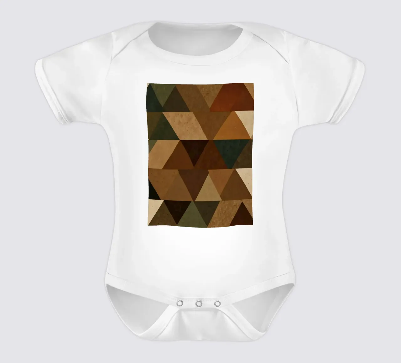 A geometric pattern of triangles in earthy tones arranged short-sleeve baby romper by DesignDoodle
