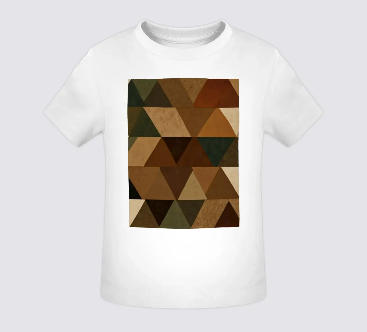 A geometric pattern of triangles in earthy tones arranged baby t-shirt by DesignDoodle