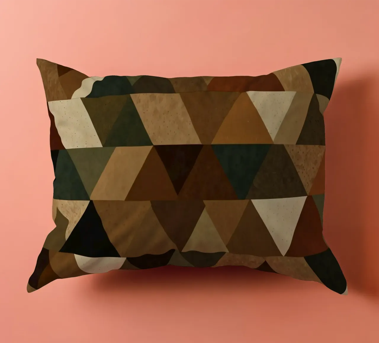 A geometric pattern of triangles in earthy tones arranged decorative cushion by DesignDoodle