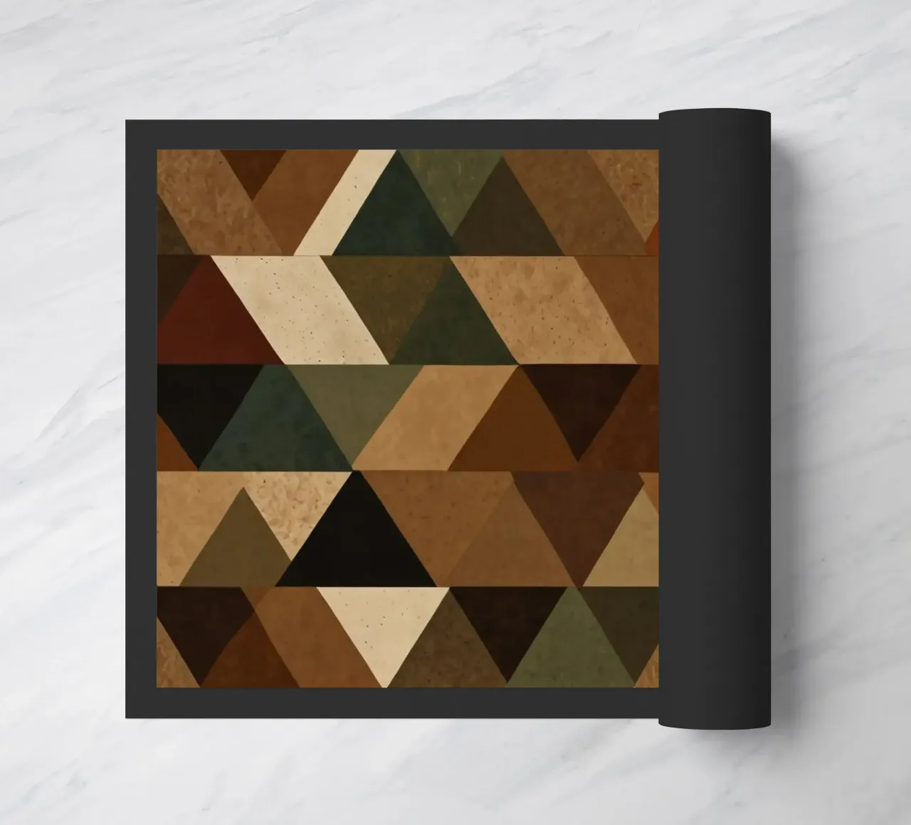 A geometric pattern of triangles in earthy tones arranged doormat by DesignDoodle