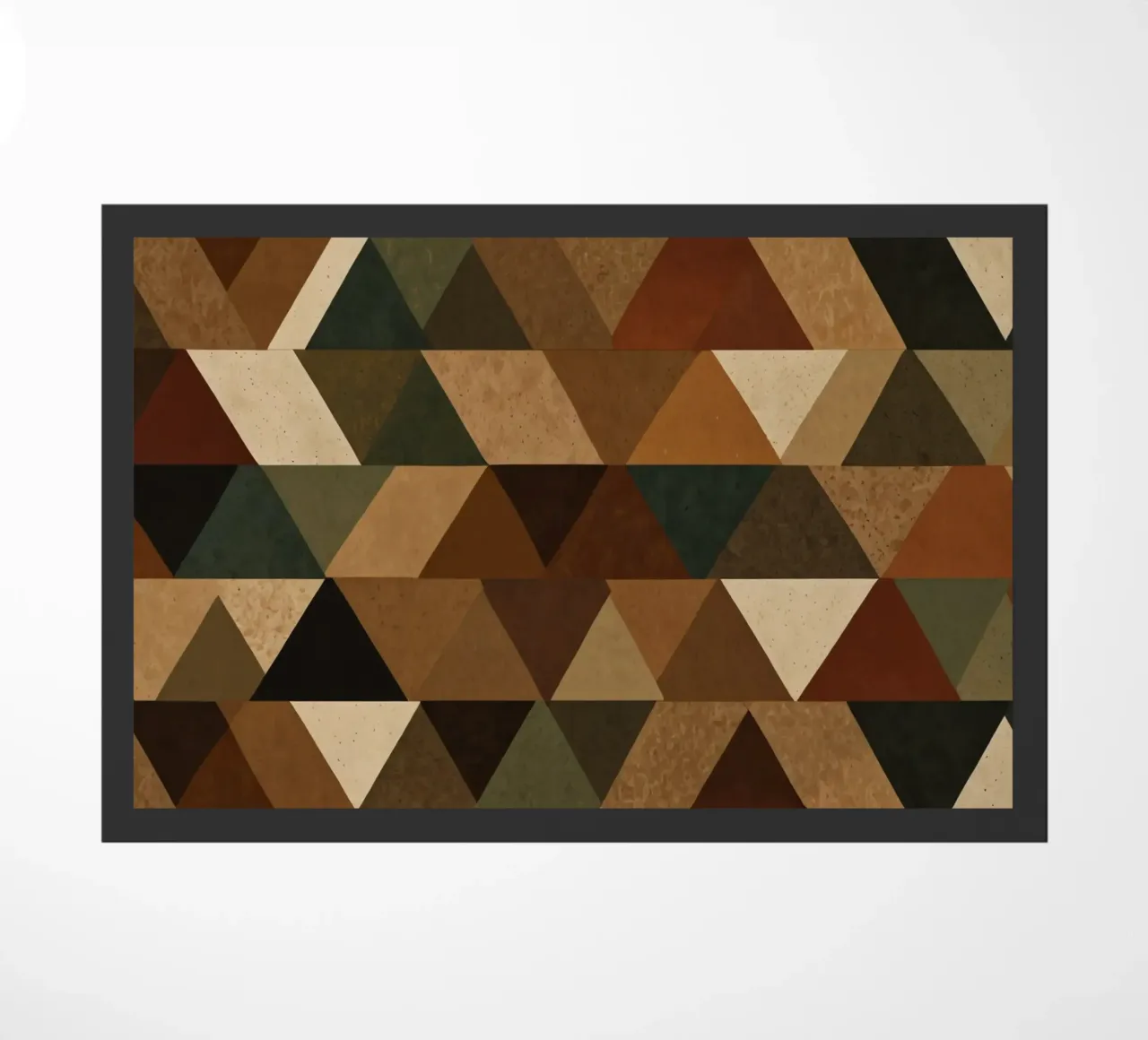 A geometric pattern of triangles in earthy tones arranged doormat by DesignDoodle