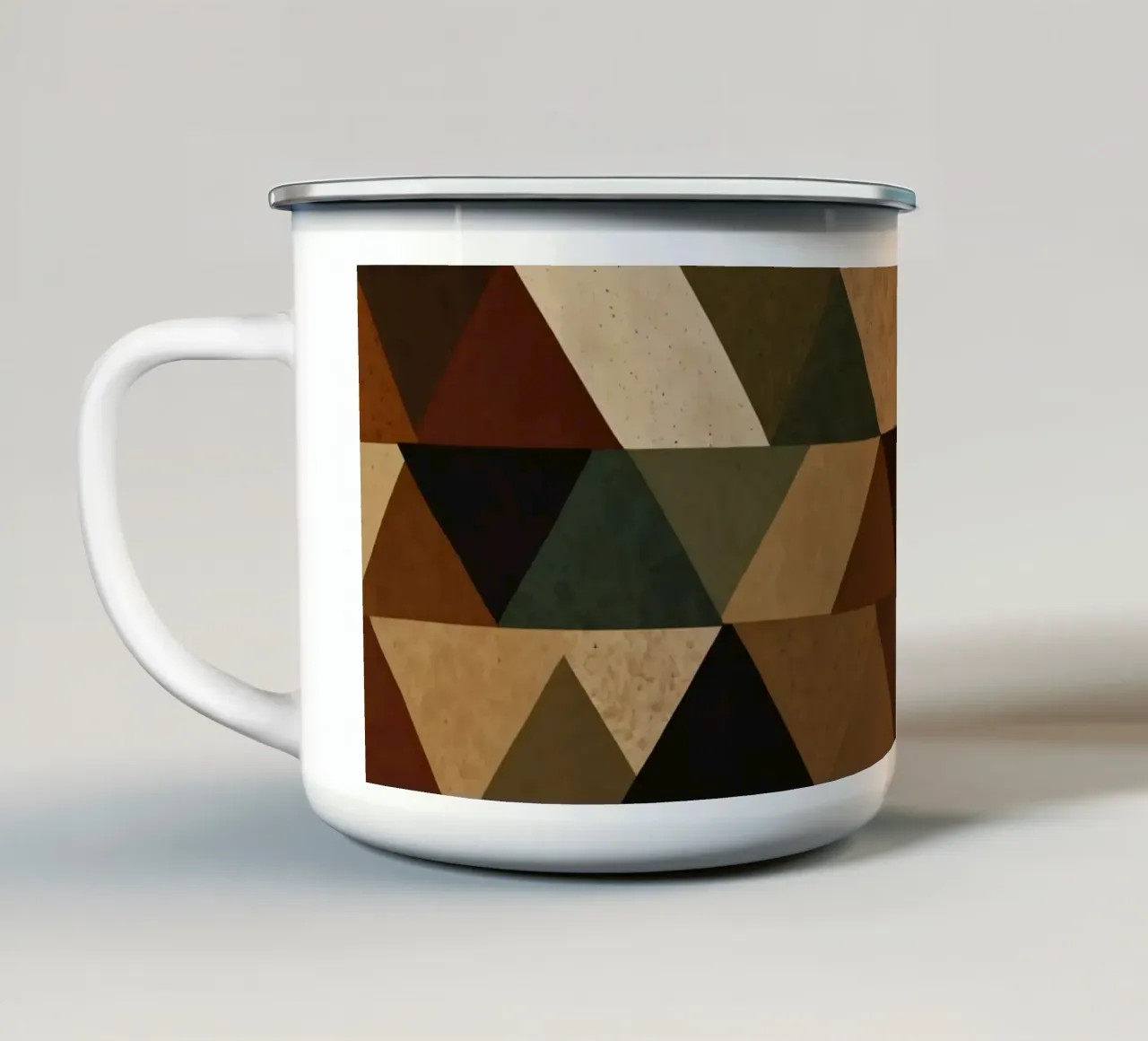 A geometric pattern of triangles in earthy tones arranged enamel mug by DesignDoodle