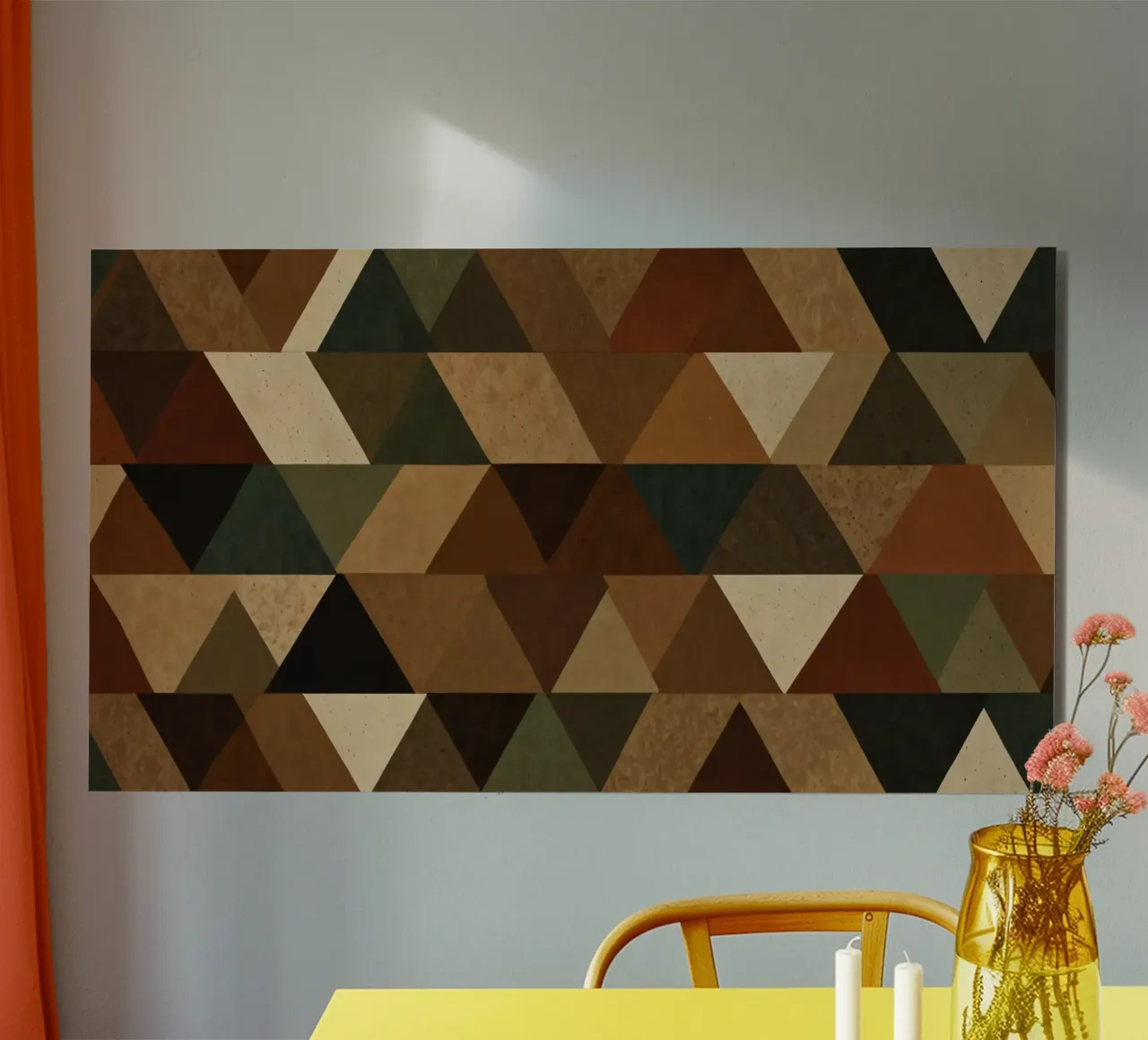 A geometric pattern of triangles in earthy tones arranged alu-dibond by DesignDoodle