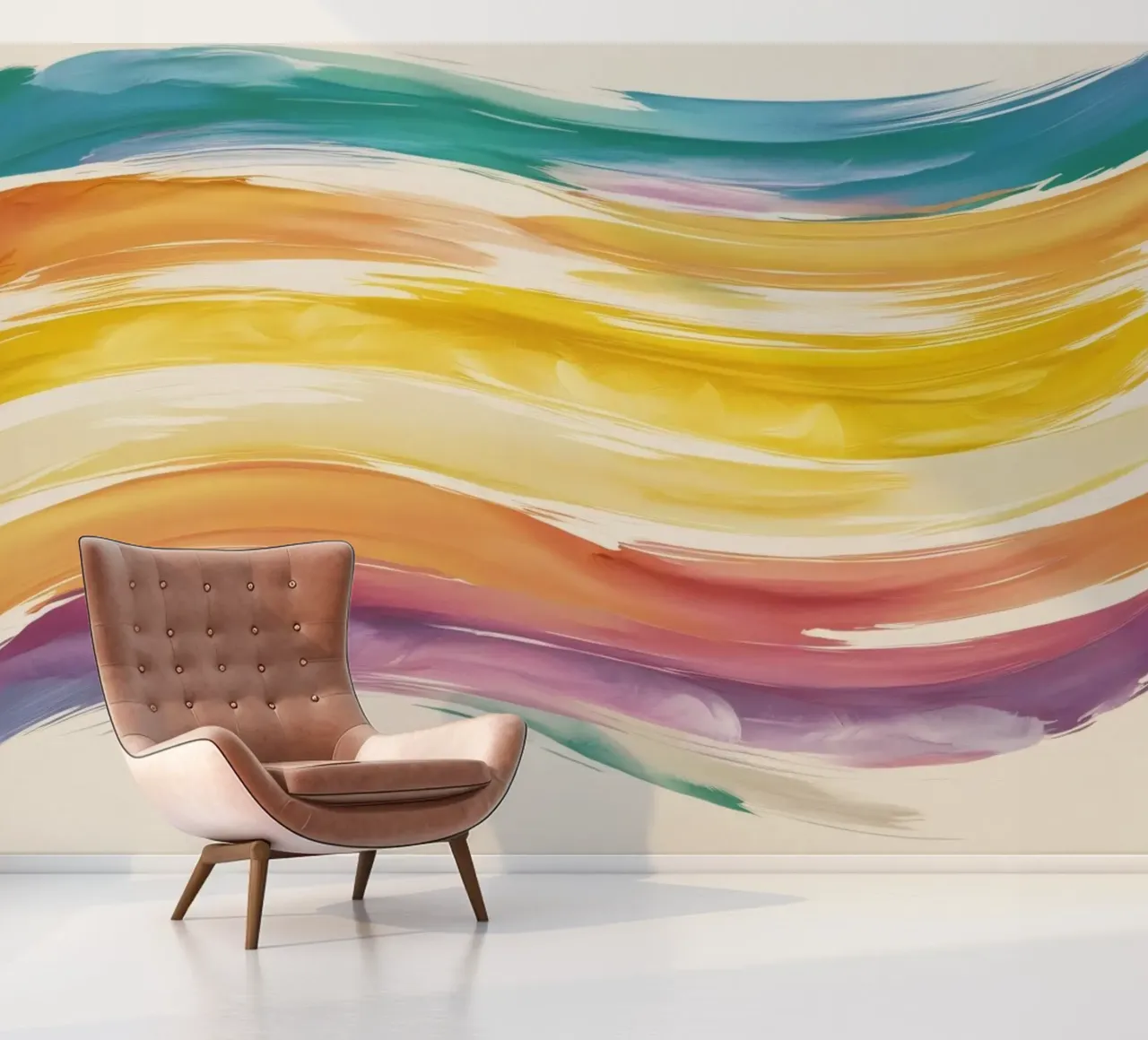 Colorful abstract watercolor waves in warm tones photo wallpaper by DesignDoodle