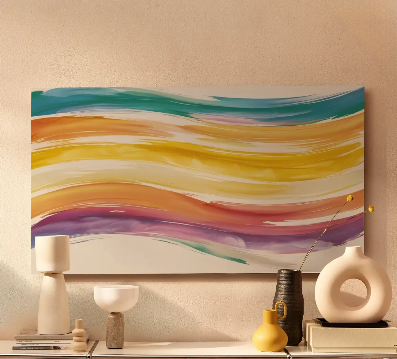 Kleurrijke abstracte aquarelgolven in warme tinten aluminium-dibond van DesignDoodle