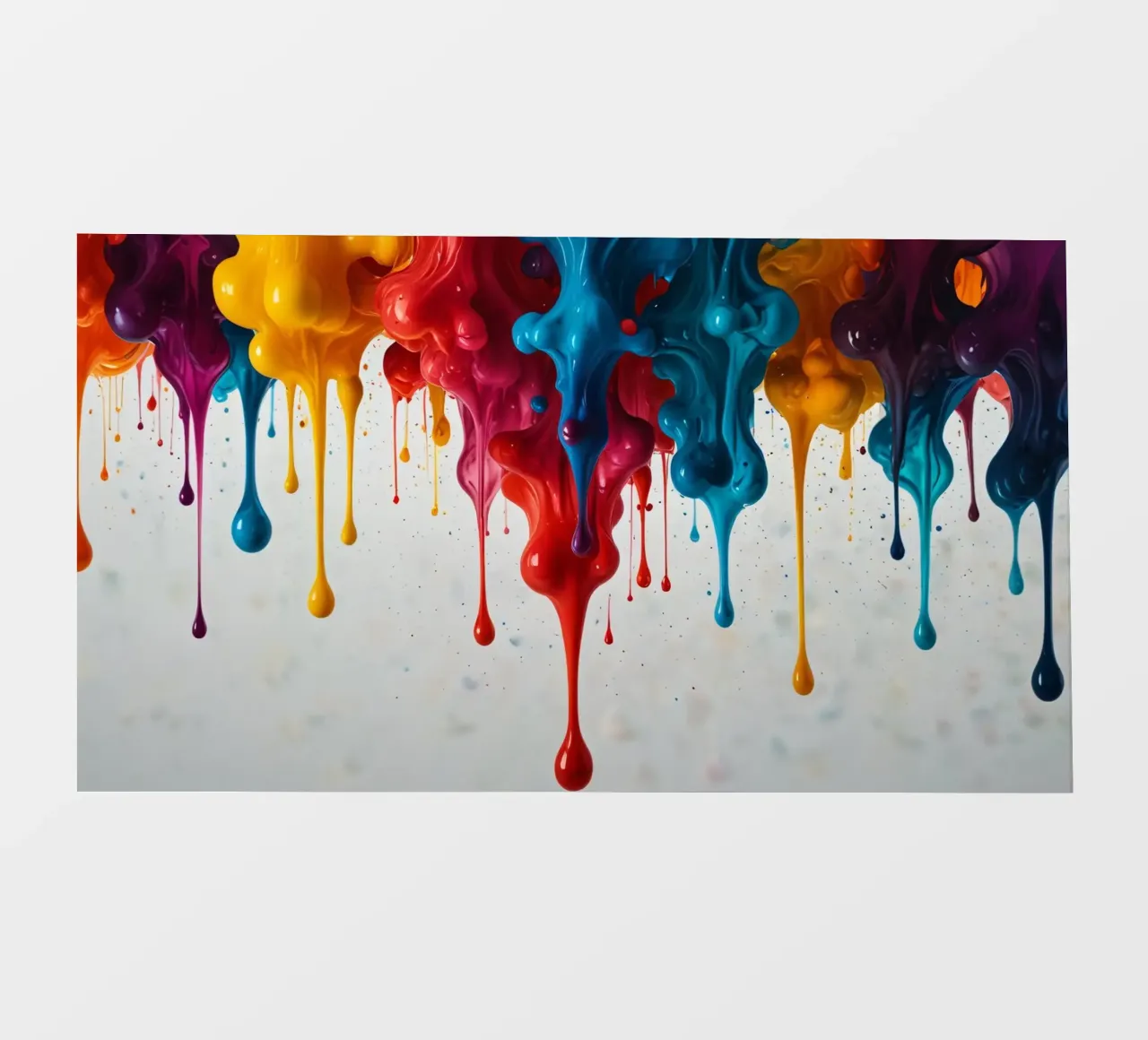 Gocce di vernice vibrante che scendono a cascata su una superficie bianca, creando un'atmosfera di grande effetto. telo in pvc da DesignDoodle