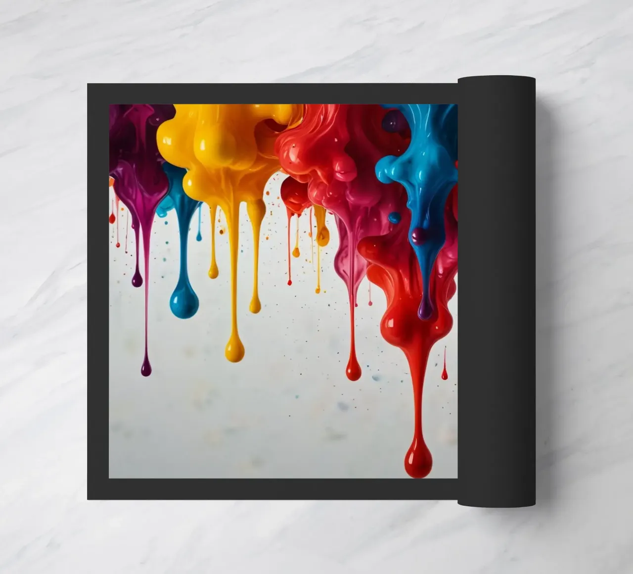 Vibrant paint drips cascading down a white surface creating doormat by DesignDoodle