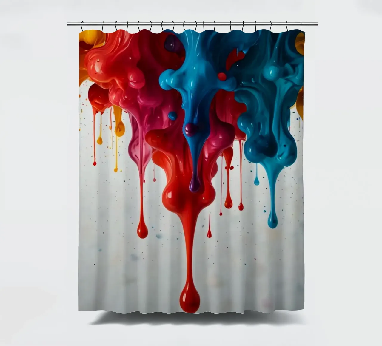 Vibrant paint drips cascading down a white surface creating shower curtain by DesignDoodle