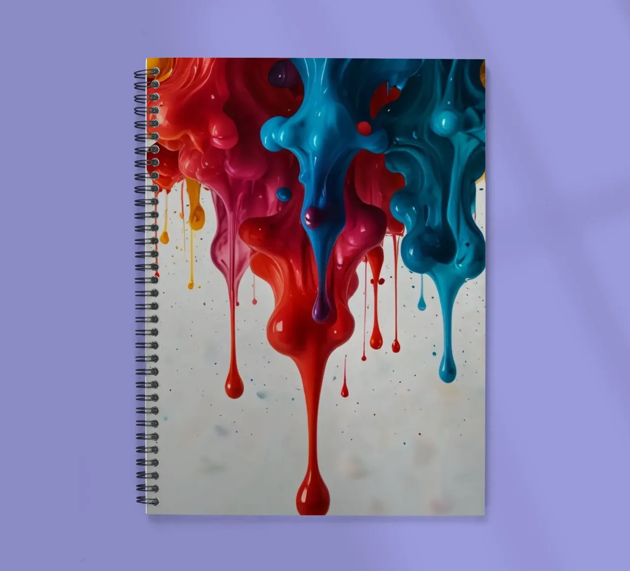 Vibrant paint drips cascading down a white surface creating spiral notebook by DesignDoodle