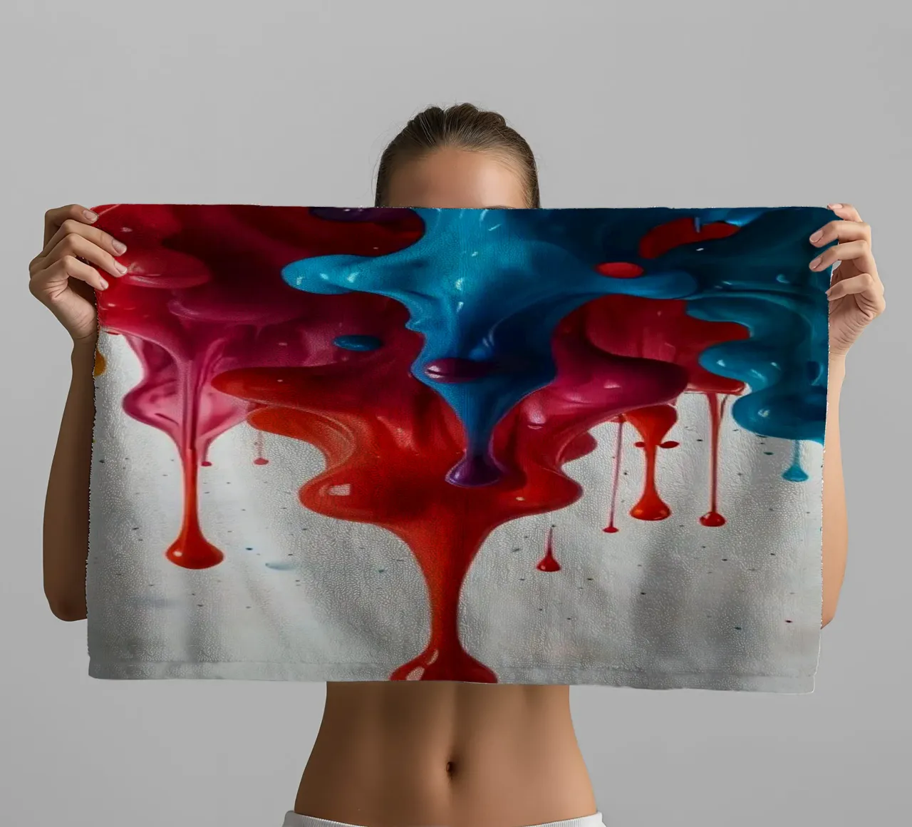 Gocce di vernice vibrante che scendono a cascata su una superficie bianca, creando un'atmosfera di grande effetto. asciugamano da bagno da DesignDoodle