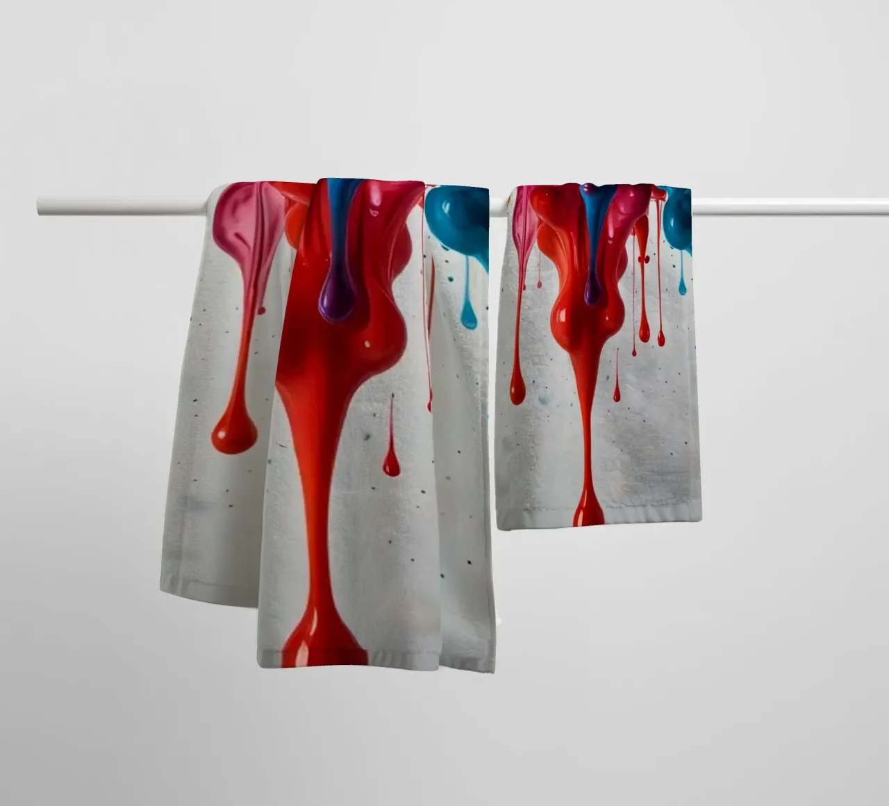 Vibrant paint drips cascading down a white surface creating towel by DesignDoodle