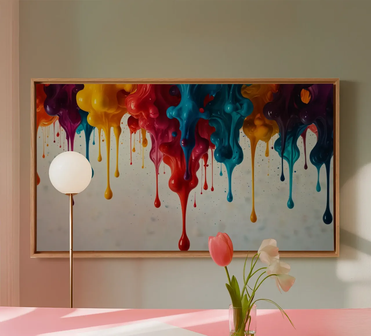 Vibrant paint drips cascading down a white surface creating canvas by DesignDoodle