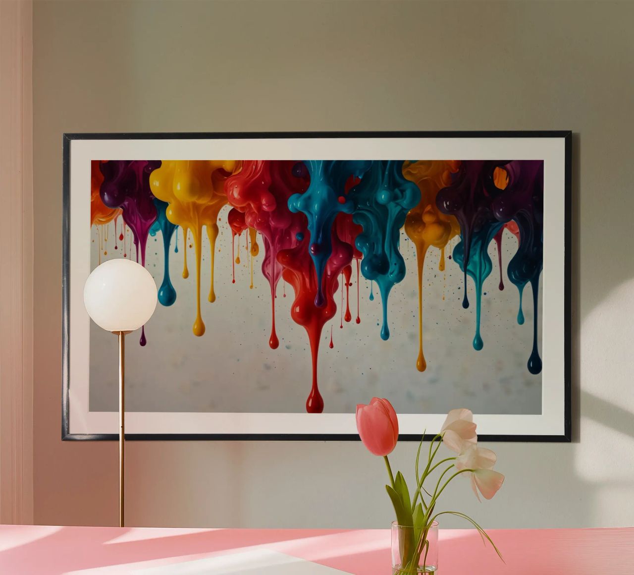 Vibrant paint drips cascading down a white surface creating hahnemühle by DesignDoodle