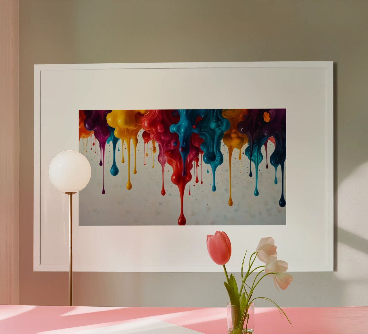Vibrant paint drips cascading down a white surface creating hahnemühle by DesignDoodle