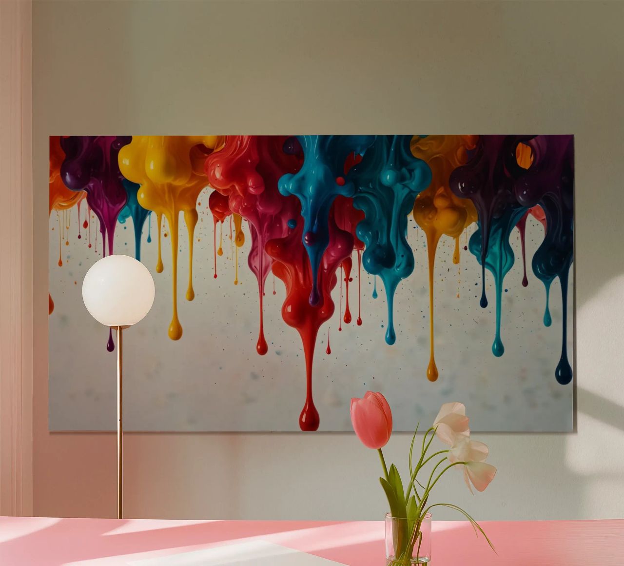 Vibrant paint drips cascading down a white surface creating hahnemühle by DesignDoodle