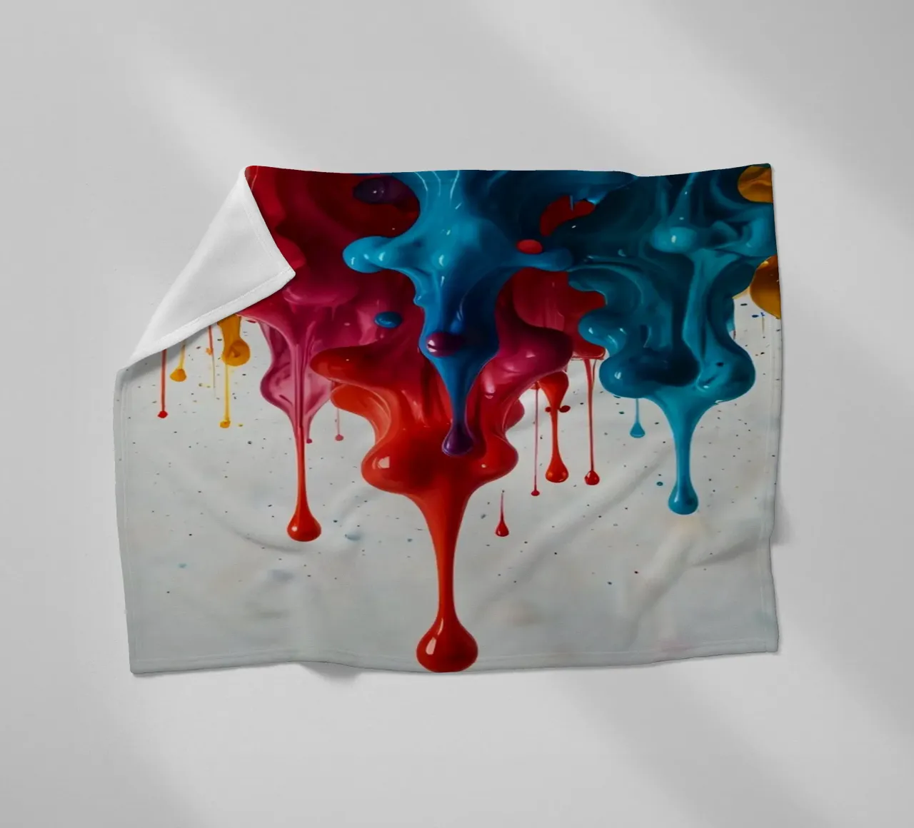 Vibrant paint drips cascading down a white surface creating fleece blanket by DesignDoodle