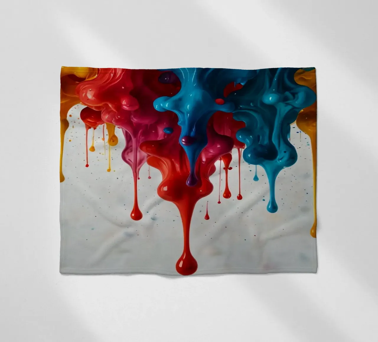 Vibrant paint drips cascading down a white surface creating fleece blanket by DesignDoodle