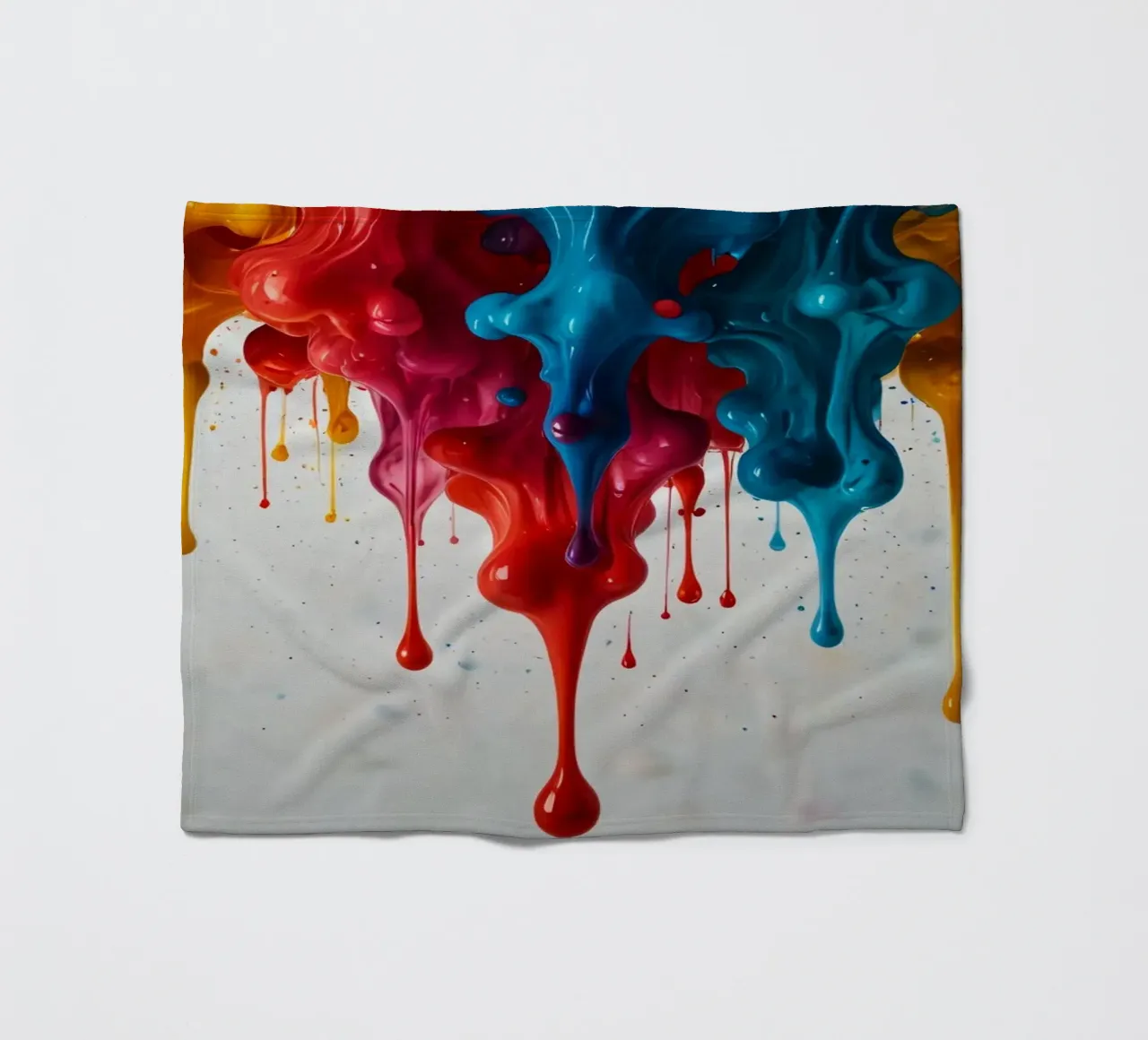 Vibrant paint drips cascading down a white surface creating fleece blanket by DesignDoodle