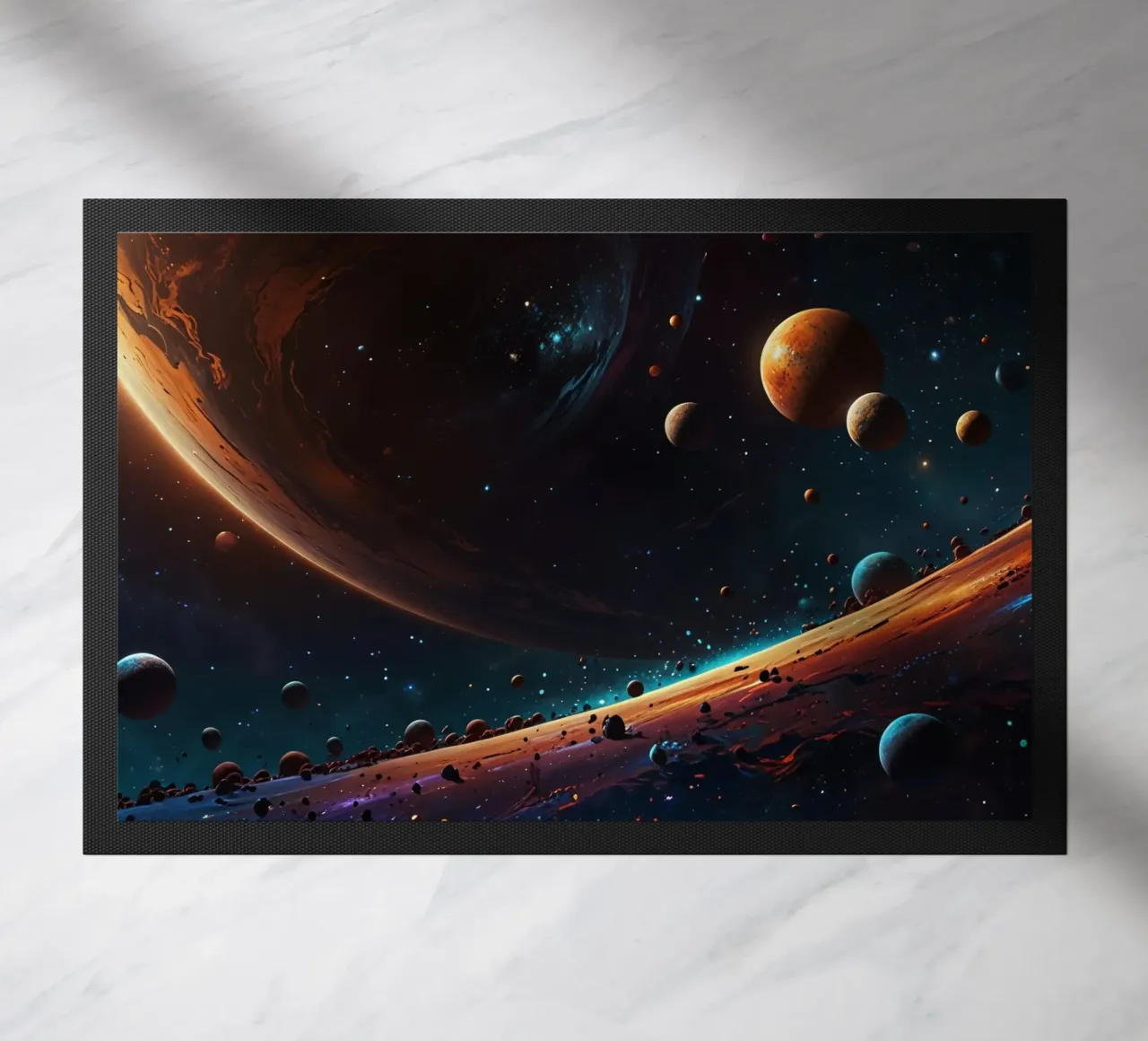 A mesmerizing view of a vibrant galaxy filled with stars doormat by DesignDoodle