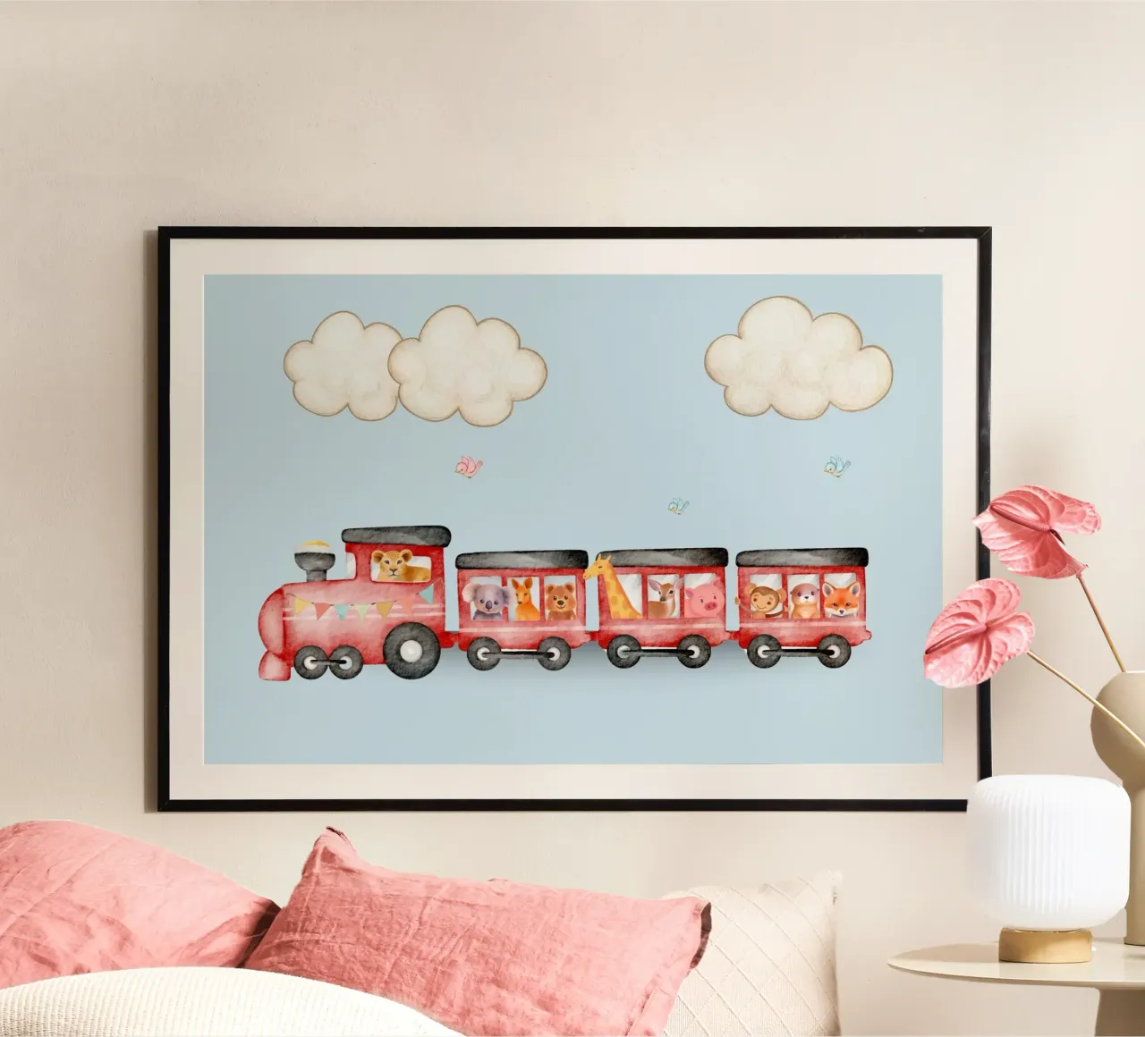 Todos a bordo del tren de los animales poster con marco de plástico de Doodle Dreams Art